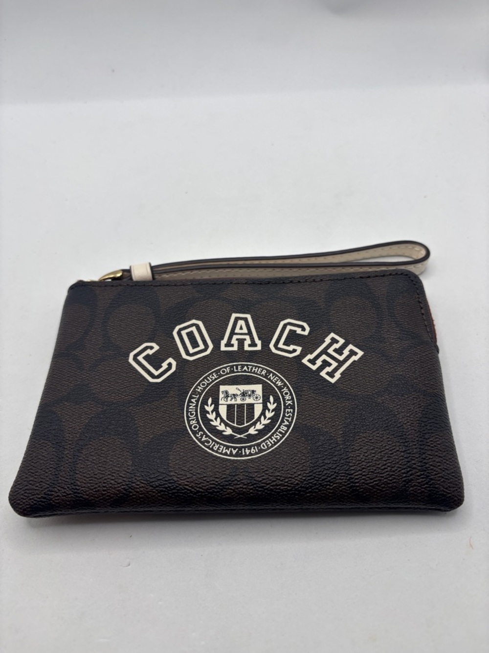 Coach Brown Signature Canvas Wristlet with Ivory Logo Crest Varsity logo classic